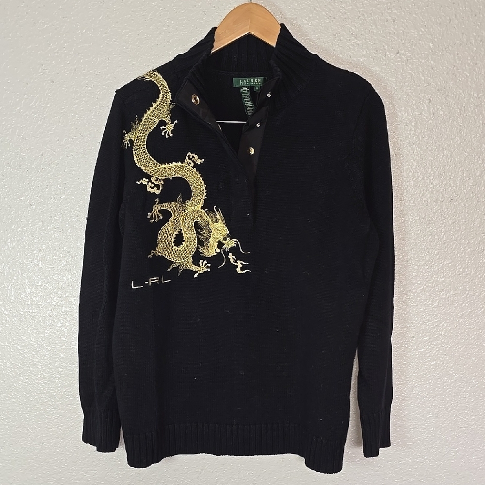 Ralph Laure Black Sweater with Gold Dragon Embroidery